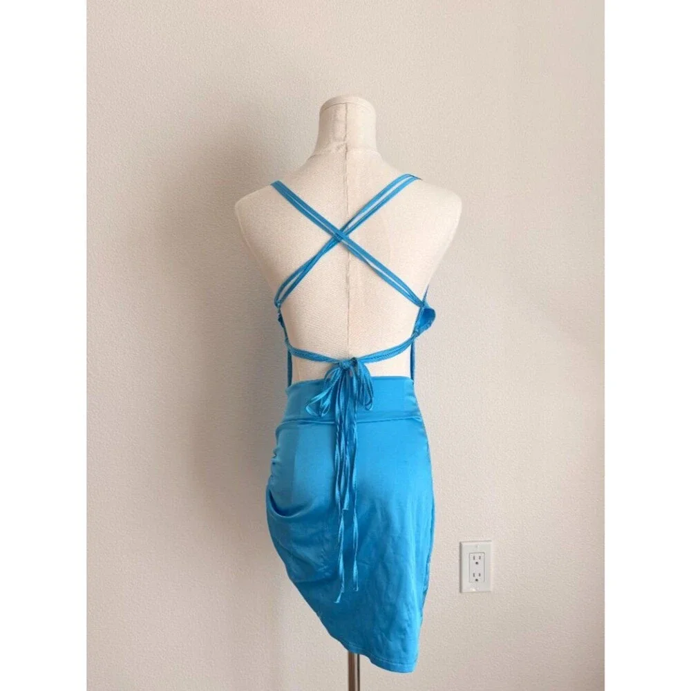 Blue Chiffon Spaghetti Straps Open Back Ruched Mini Dress